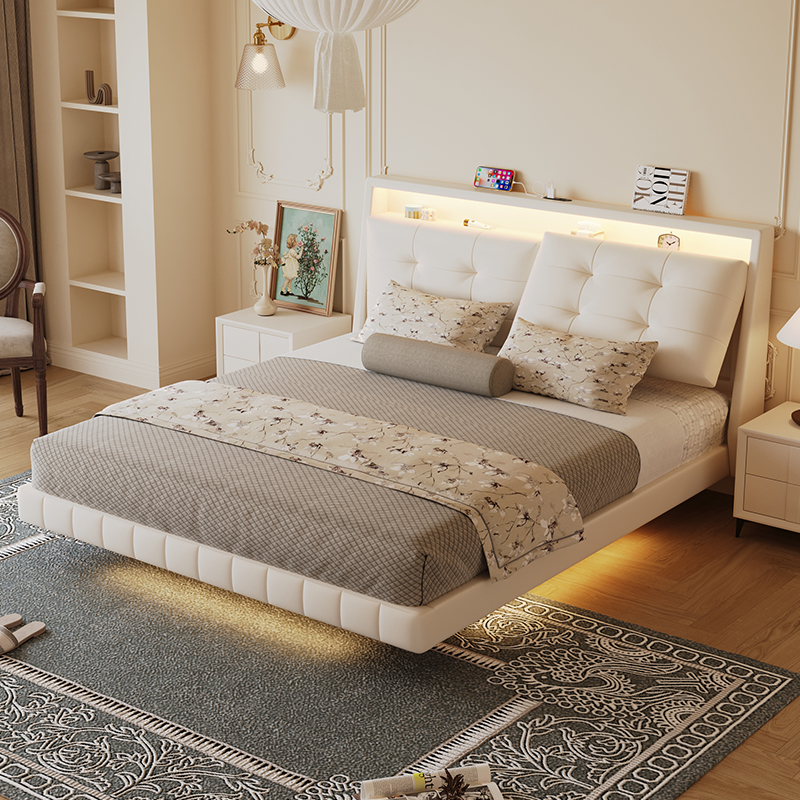 真皮软包奶油风多功能床头储物床