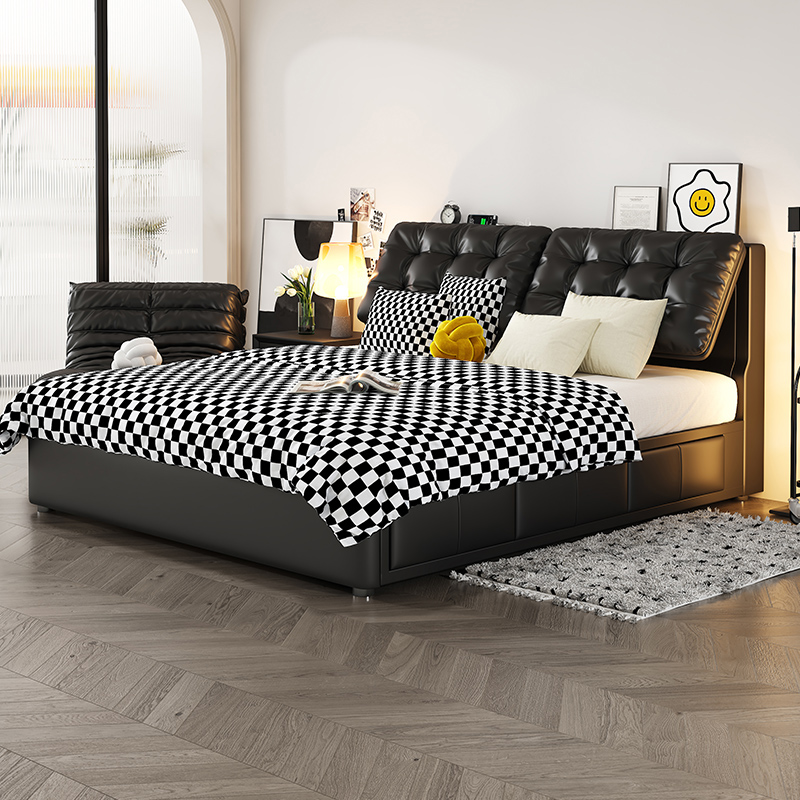 意式极简可调节靠背储物床