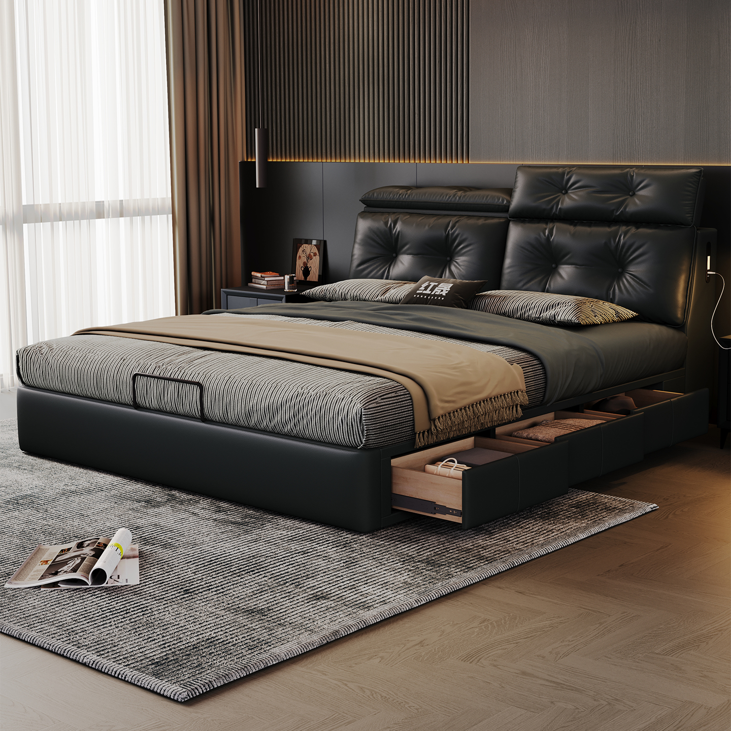 意式极简储物床黑色软包可调节真皮双人床2025新款主卧床高端大气