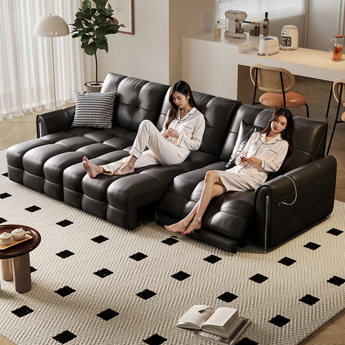 红晟电动沙发伸缩智能客厅沙发床双人小户型高级感中古黑色皮沙发