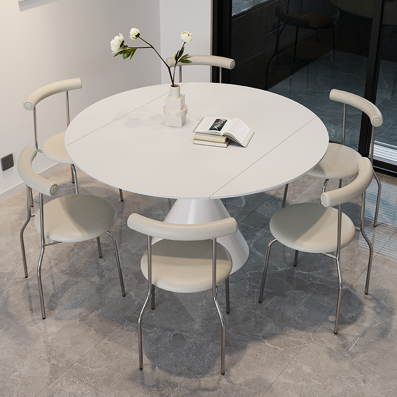 红晟奶油风岩板旋转餐桌现代简约圆形纯白小红书同款两用伸缩桌子