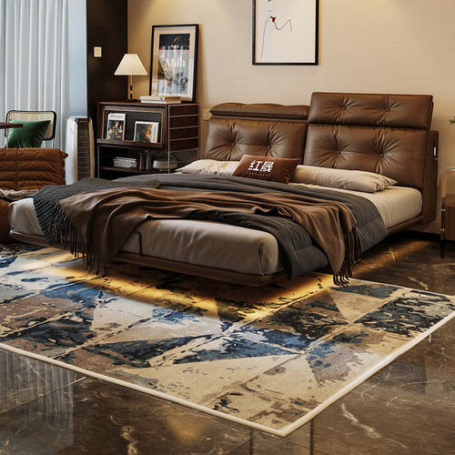 悬浮床中古复古风咖啡色床主卧室高端大气真皮软包可调节双人婚床