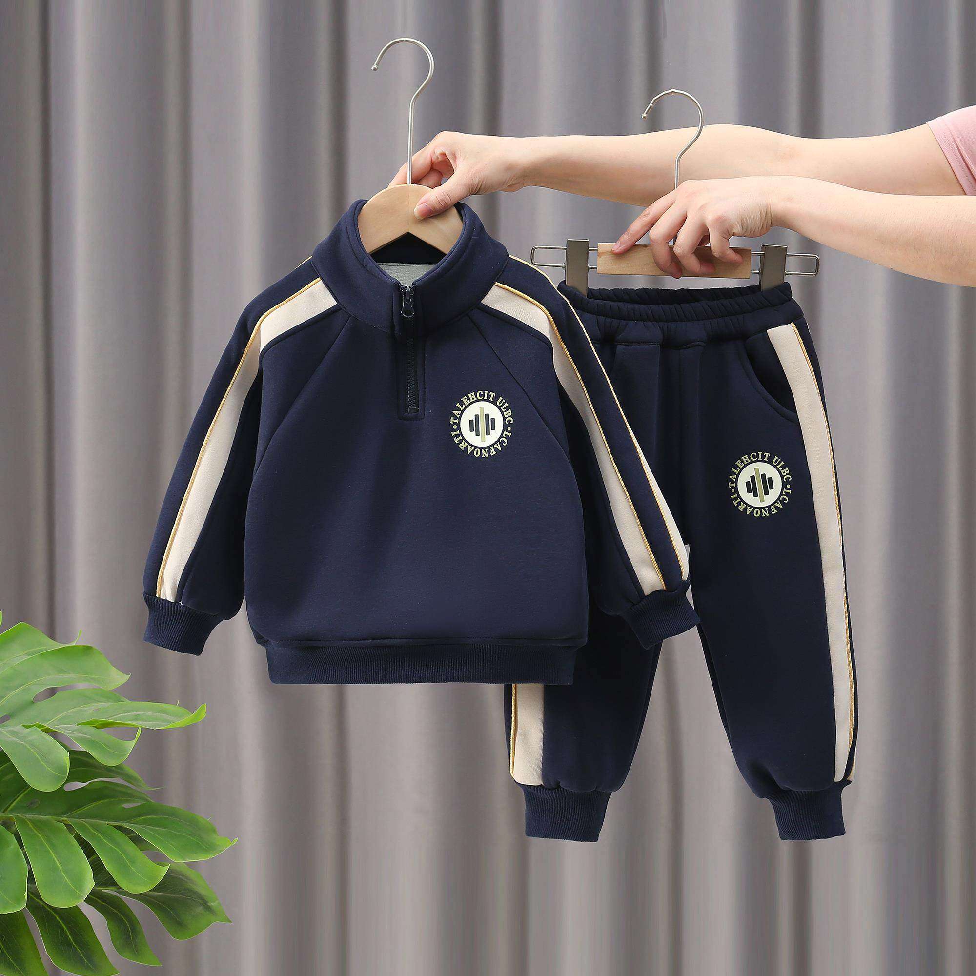 韩国男童秋冬加绒卫衣套装 宝宝运动服2025新款 套头长袖+裤子两