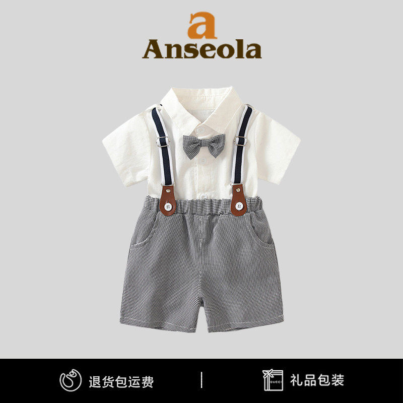 法国Anseola男童夏季新款周岁礼服套装男宝宝英伦风背带裤两件套