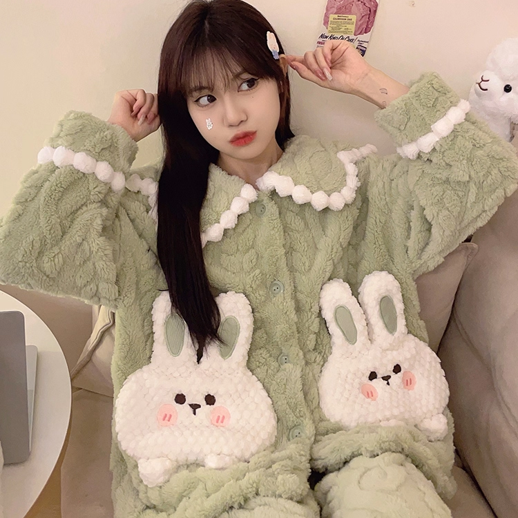 法国OIMG睡衣女冬季珊瑚绒加厚加绒秋冬天保暖法兰绒家居服套装