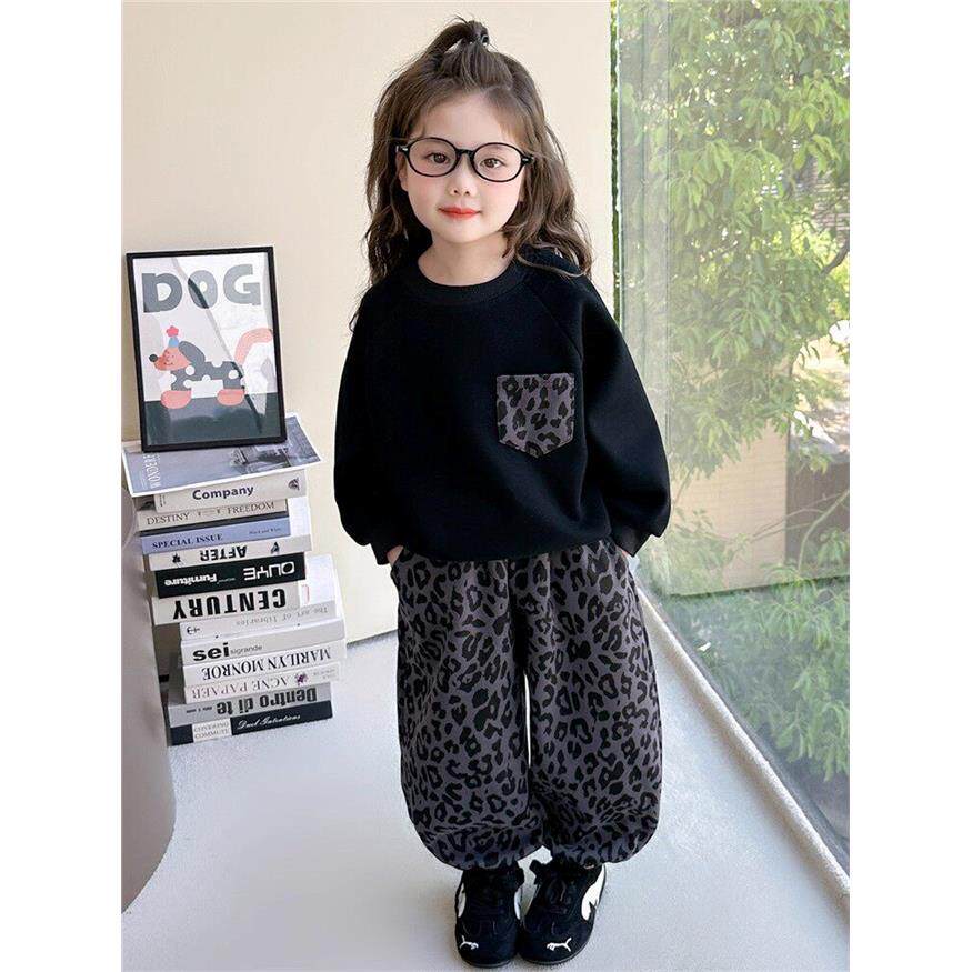 法国Uamtor女童套装2025新款春秋季豹纹卫衣休闲裤洋气运动两件套