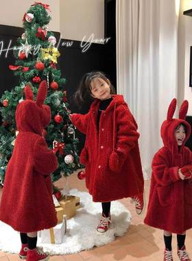 next MaxM女童拜年服2026冬季新款儿童毛毛衣中大童保暖红色外套