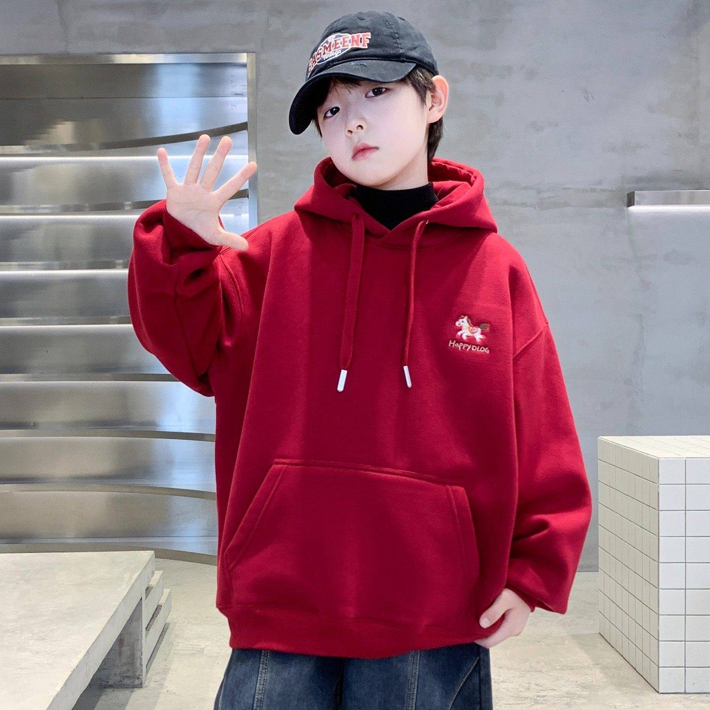 韩国Uamtor男童卫衣秋冬款加绒加厚马年红色本命年儿童一体绒上衣