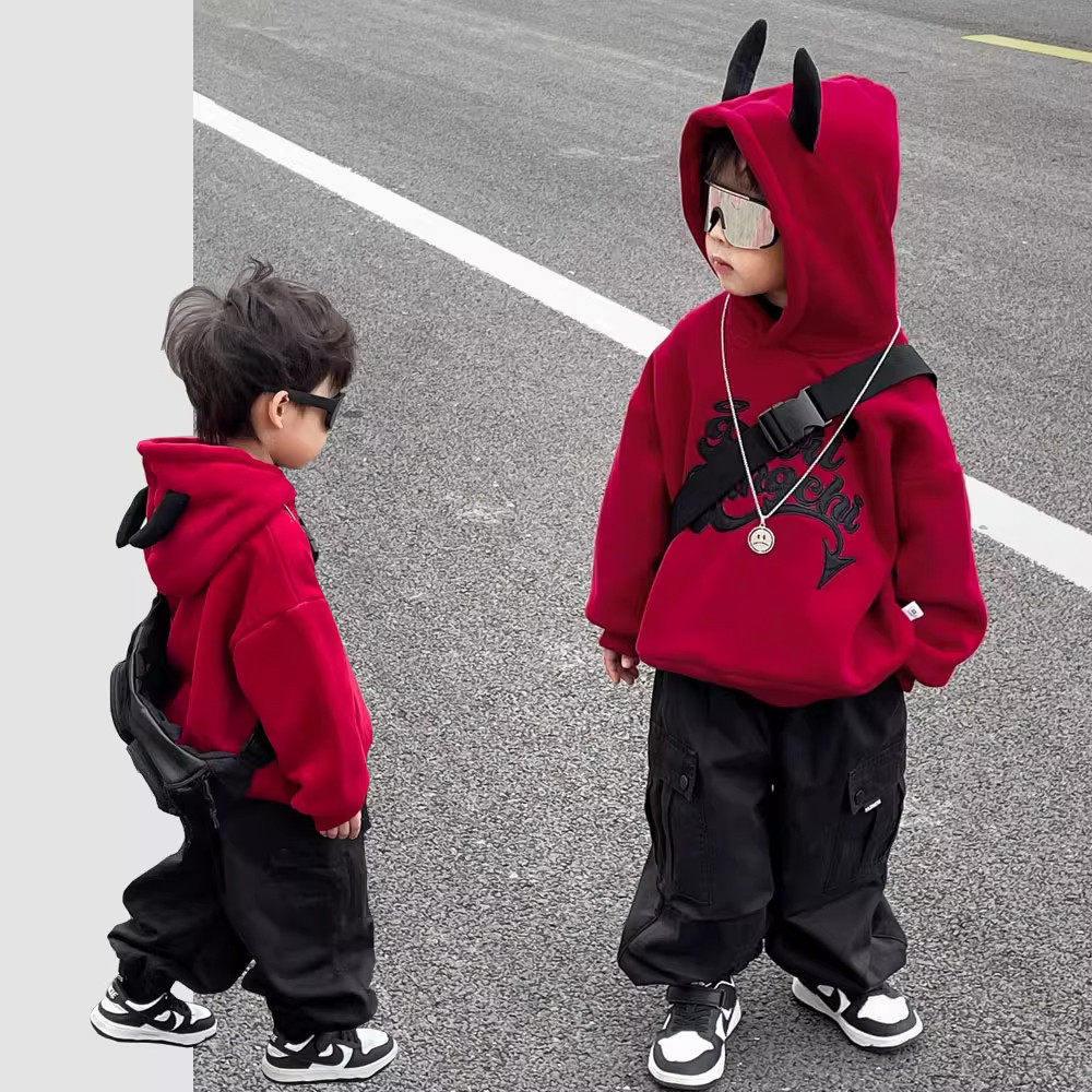 英国DHWA儿童小恶魔加厚上衣男童冬装加绒连帽卫衣痞帅小童羊羔绒