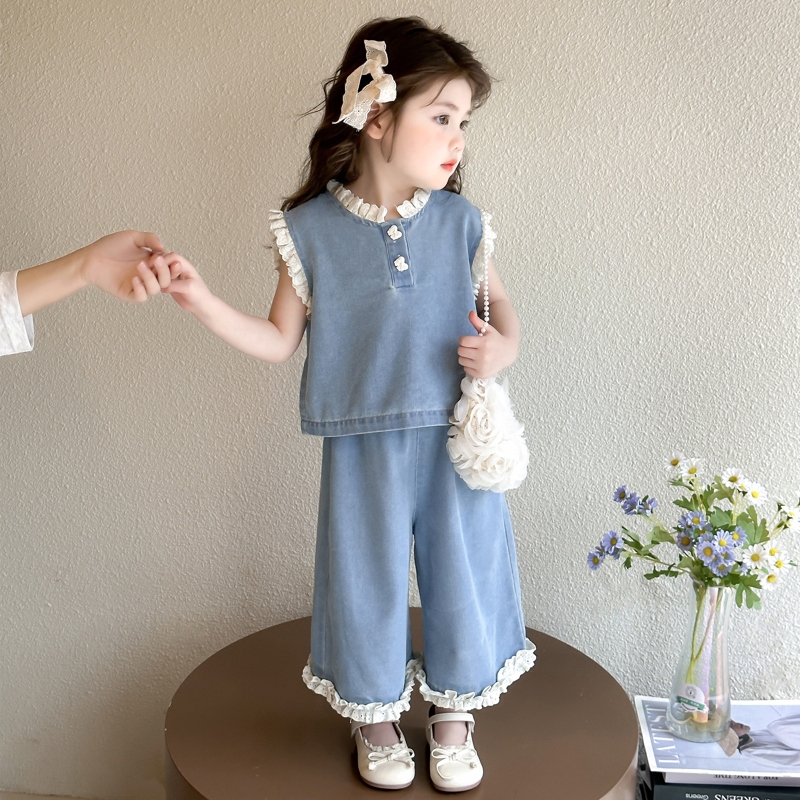 女童洋气宽松夏季薄款牛仔阔腿裤套装女宝宝时髦2025新款两件套潮