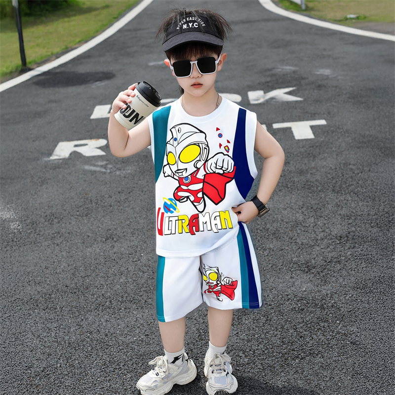 韩国男童夏季无袖背心奥特曼套装薄款帅气男宝宝夏装运动篮球服潮