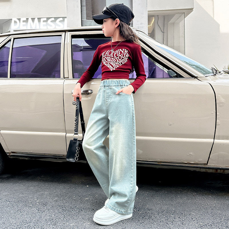 韩国DEMESSI女童裤子春季2026新款儿童直筒牛仔裤大童阔腿长裤女