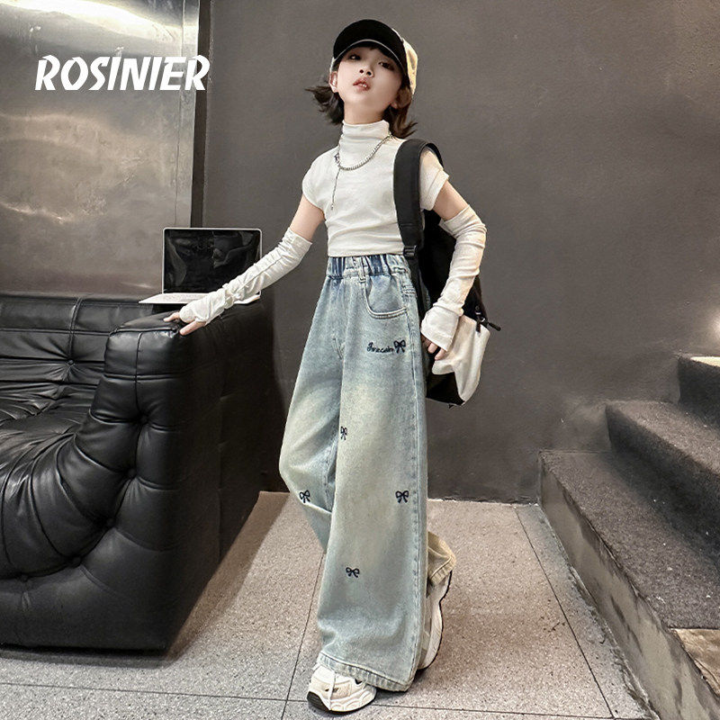 韩国ROSINIER女童裤子2026新款中大童春秋款牛仔裤女孩春季阔腿裤