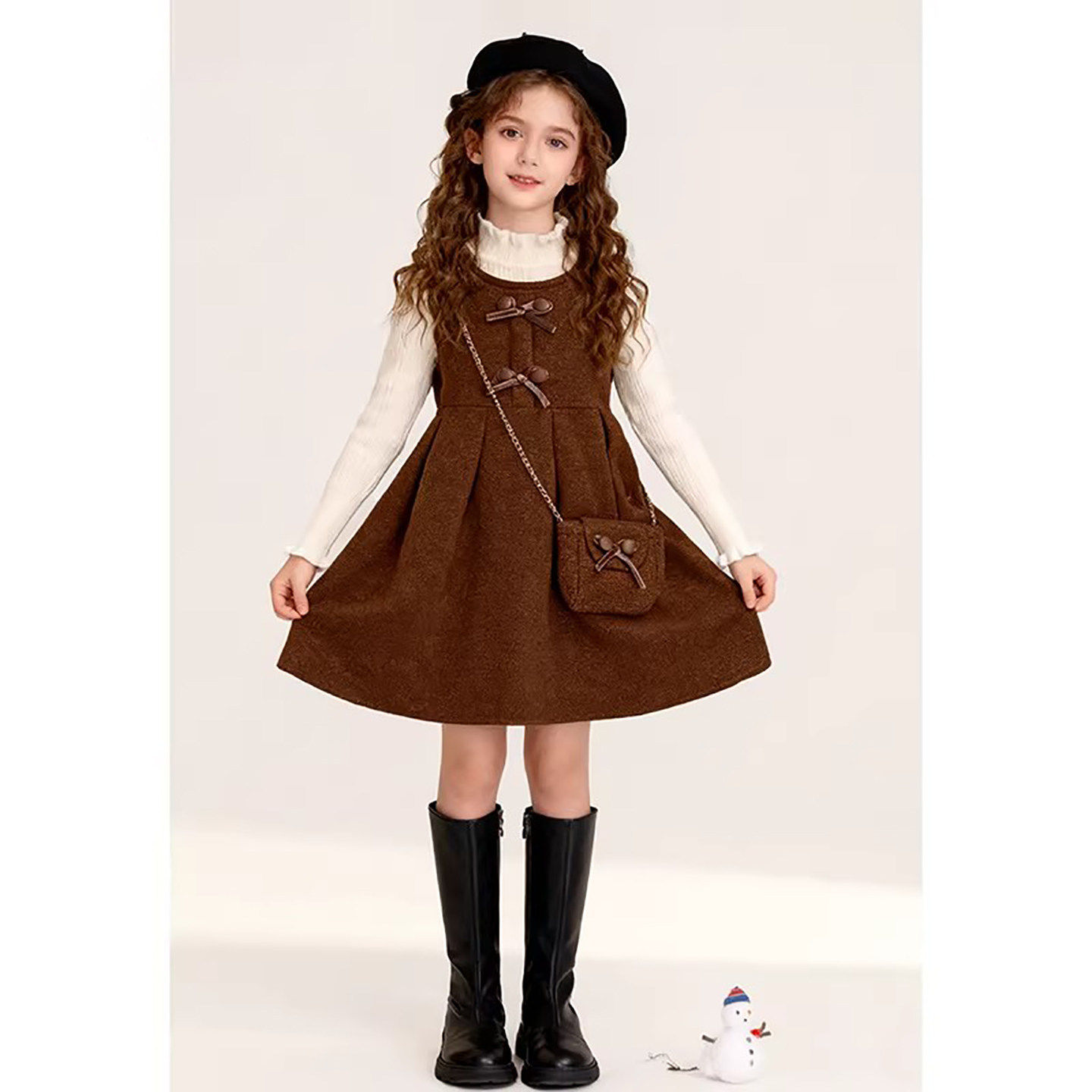 法国Uamtor女童春装连衣裙2026新款韩系卡其色蝴蝶结高级时髦裙子