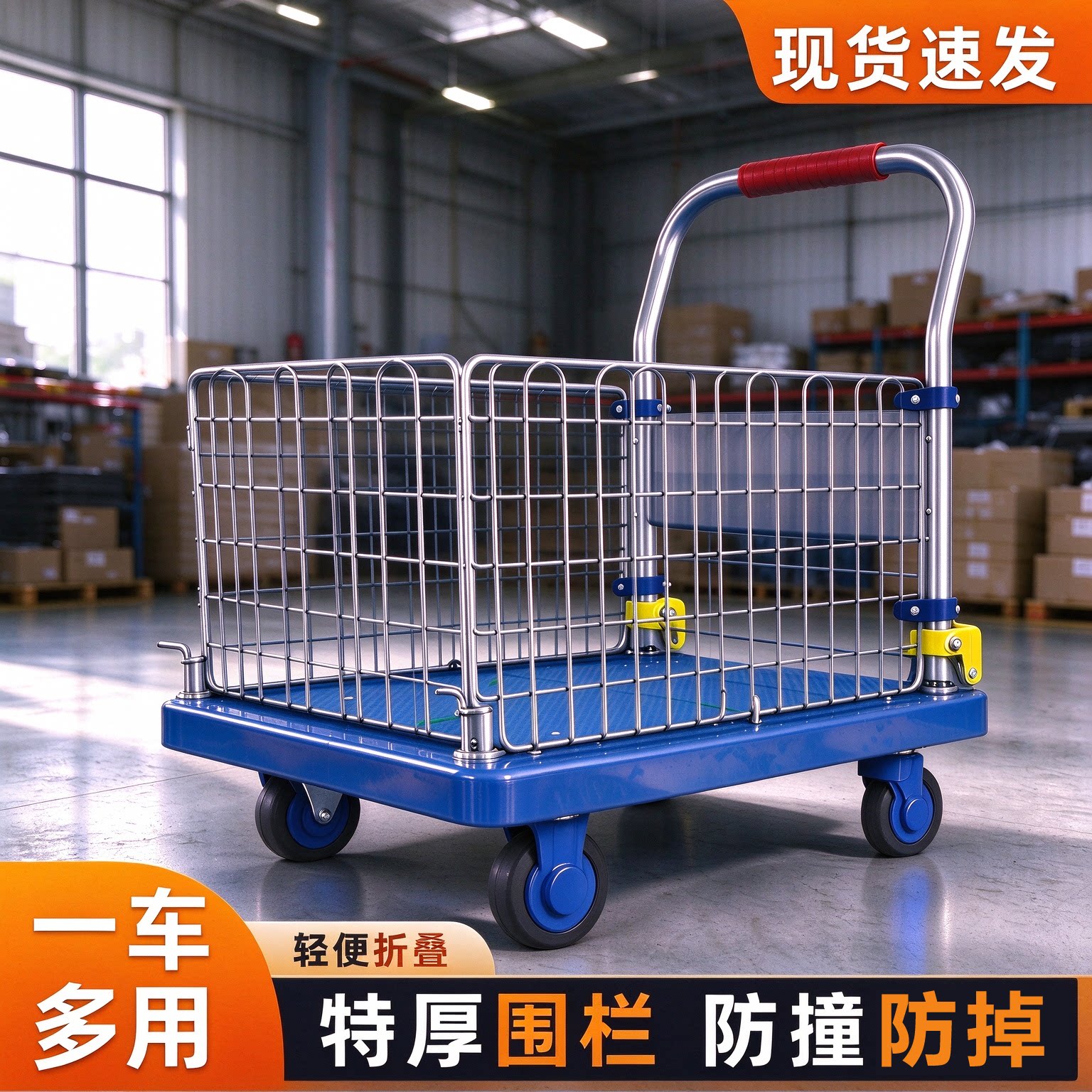 带高围栏小推车静音平板车拉货仓库搬运手推车可折叠家用收纳拖车
