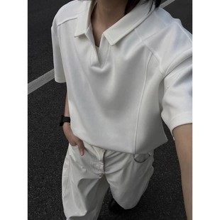 翻领boxy正肩t恤宽松痞帅拼接半袖 美式 男夏季 潮流polo衫 上衣 短袖