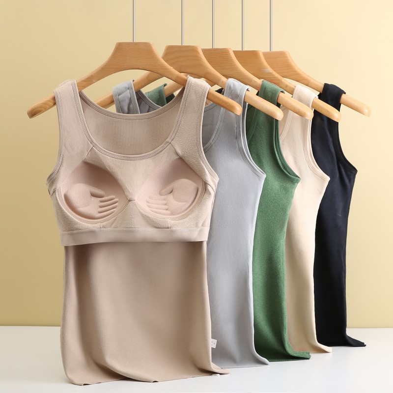 德绒磨毛保暖背心女款内衣秋冬带胸垫加绒加厚内搭打底衫修身上衣