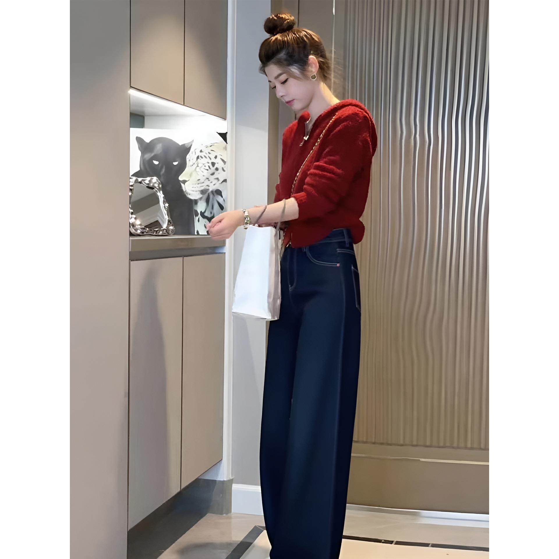 ROUMIKL韩系慵懒风早秋休闲套装女红色连帽毛衣高腰宽松牛仔裤显