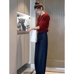 ROUMIKL韩系慵懒风早秋休闲套装女红色连帽毛衣高腰宽松牛仔裤显