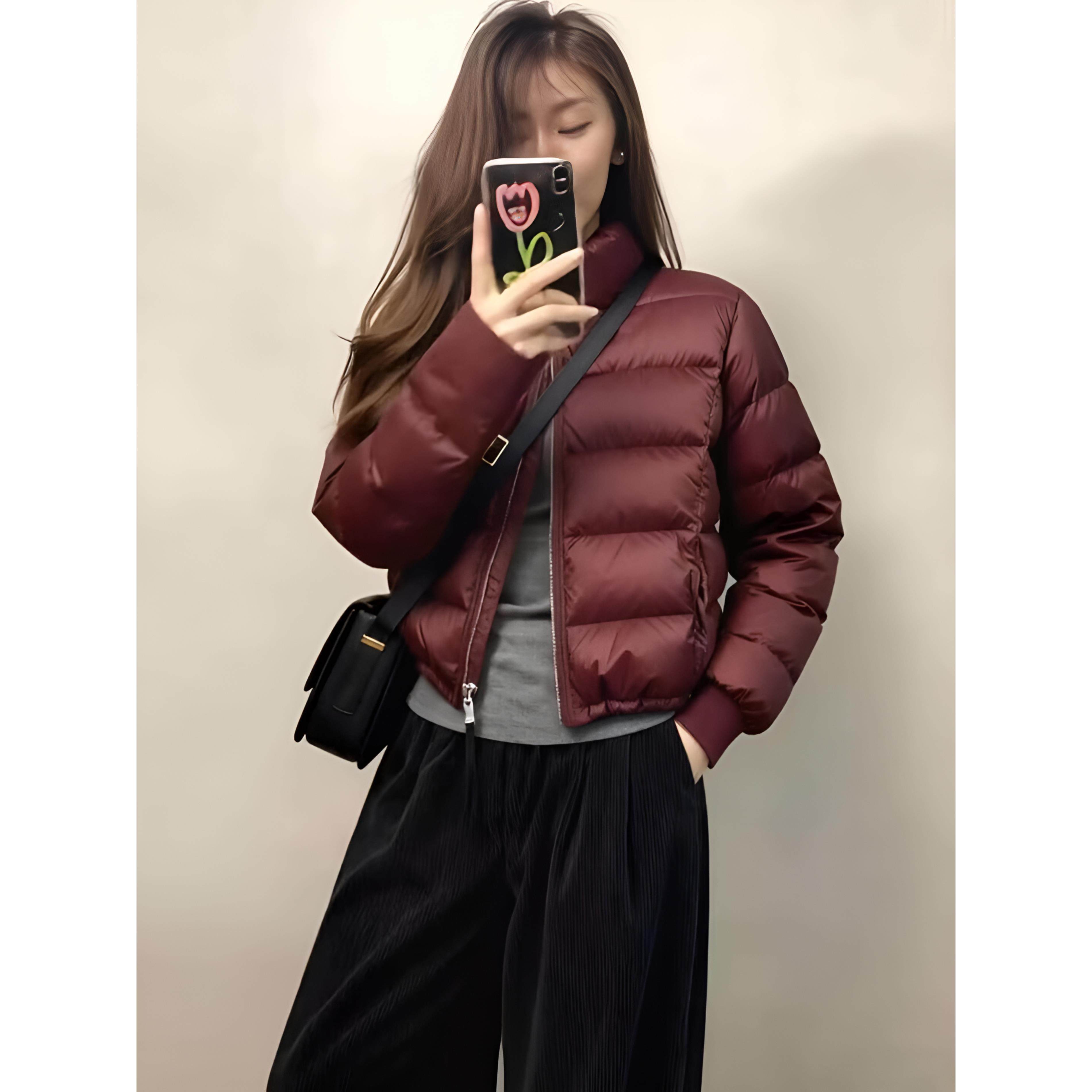 ROUMIKL酒红色短款服女冬季新款小个子超好看保暖外套阔腿裤套装