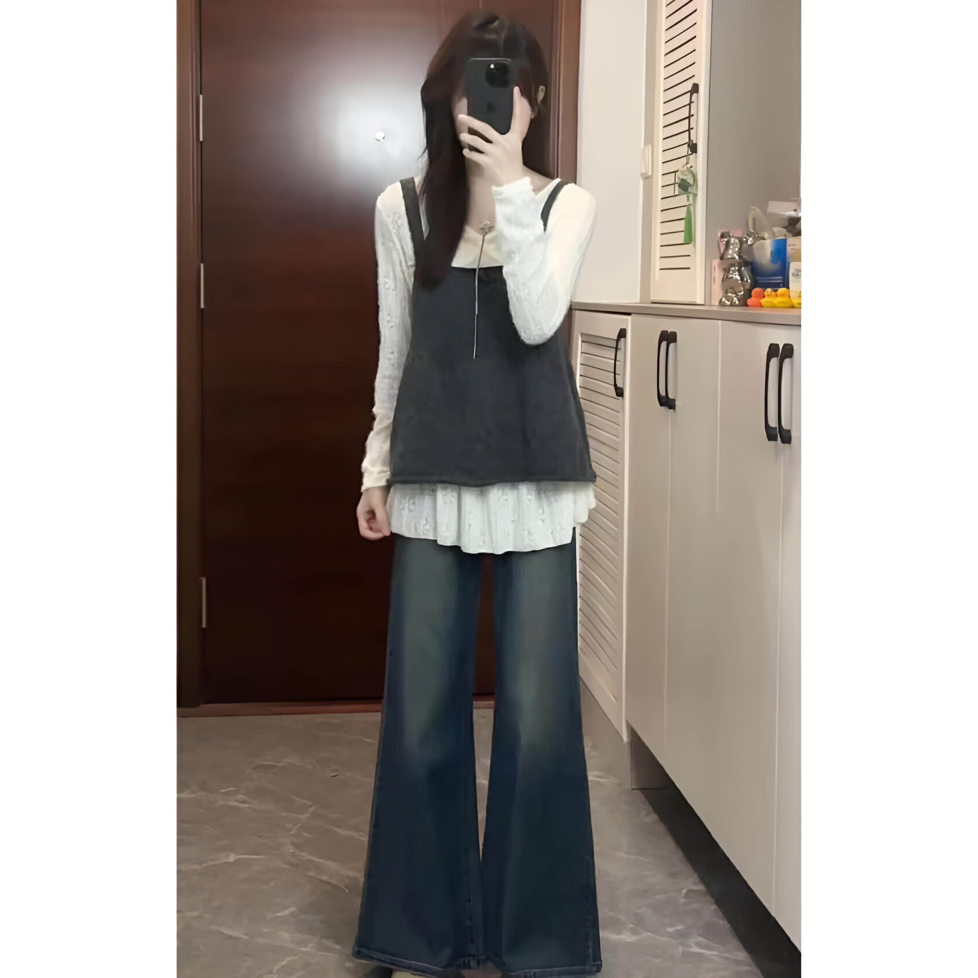 ROUMIKL学院风叠穿针织吊带背心阔腿裤两件套女2025秋季韩系温柔