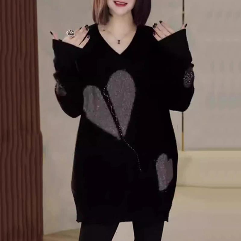 ROUMIKL针织衫女秋冬V领镶钻上衣配大衣中长款内搭宽松打底毛衣