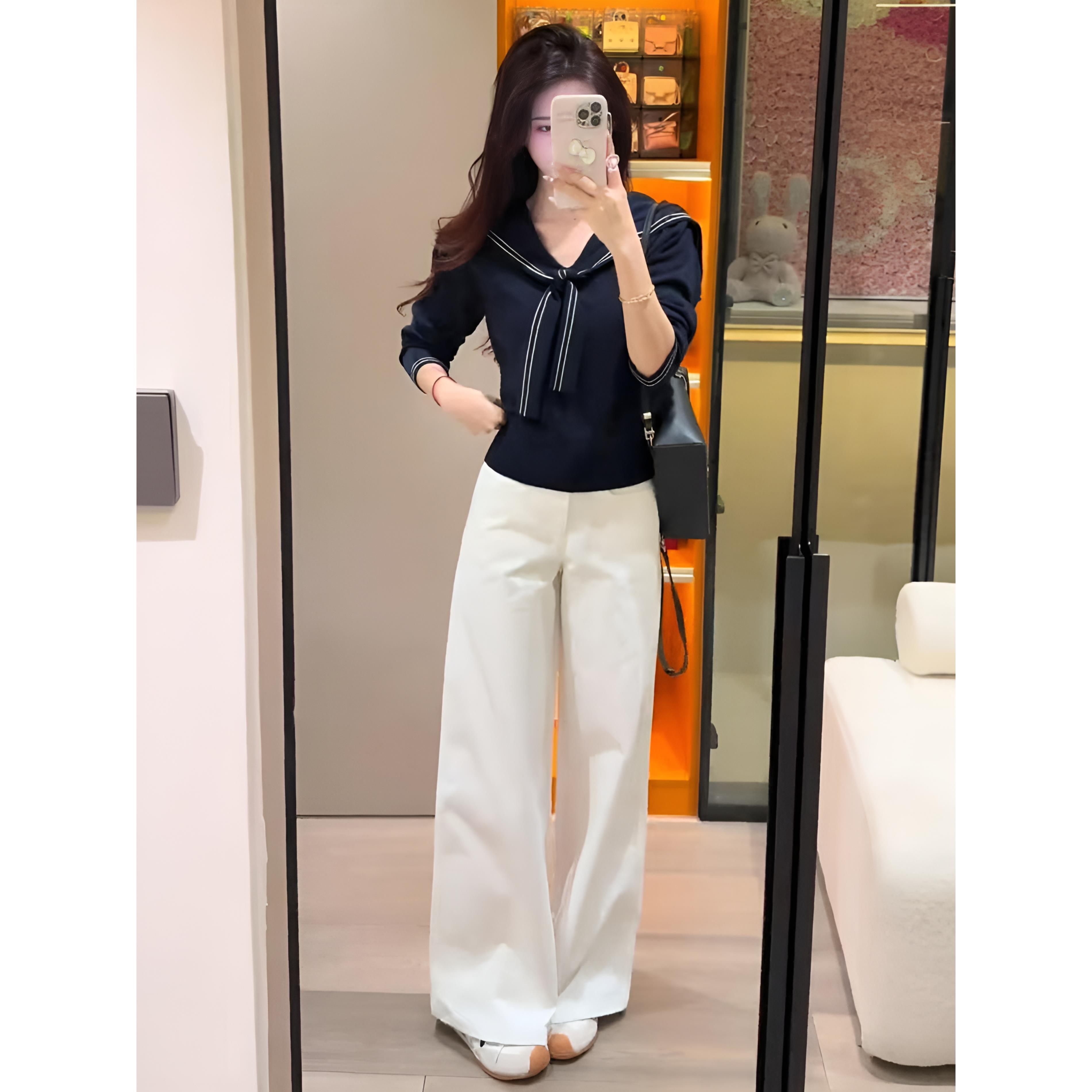 ROUMIKL2025超火穿搭一整套学院风海军领撞色针织上衣阔腿裤两件