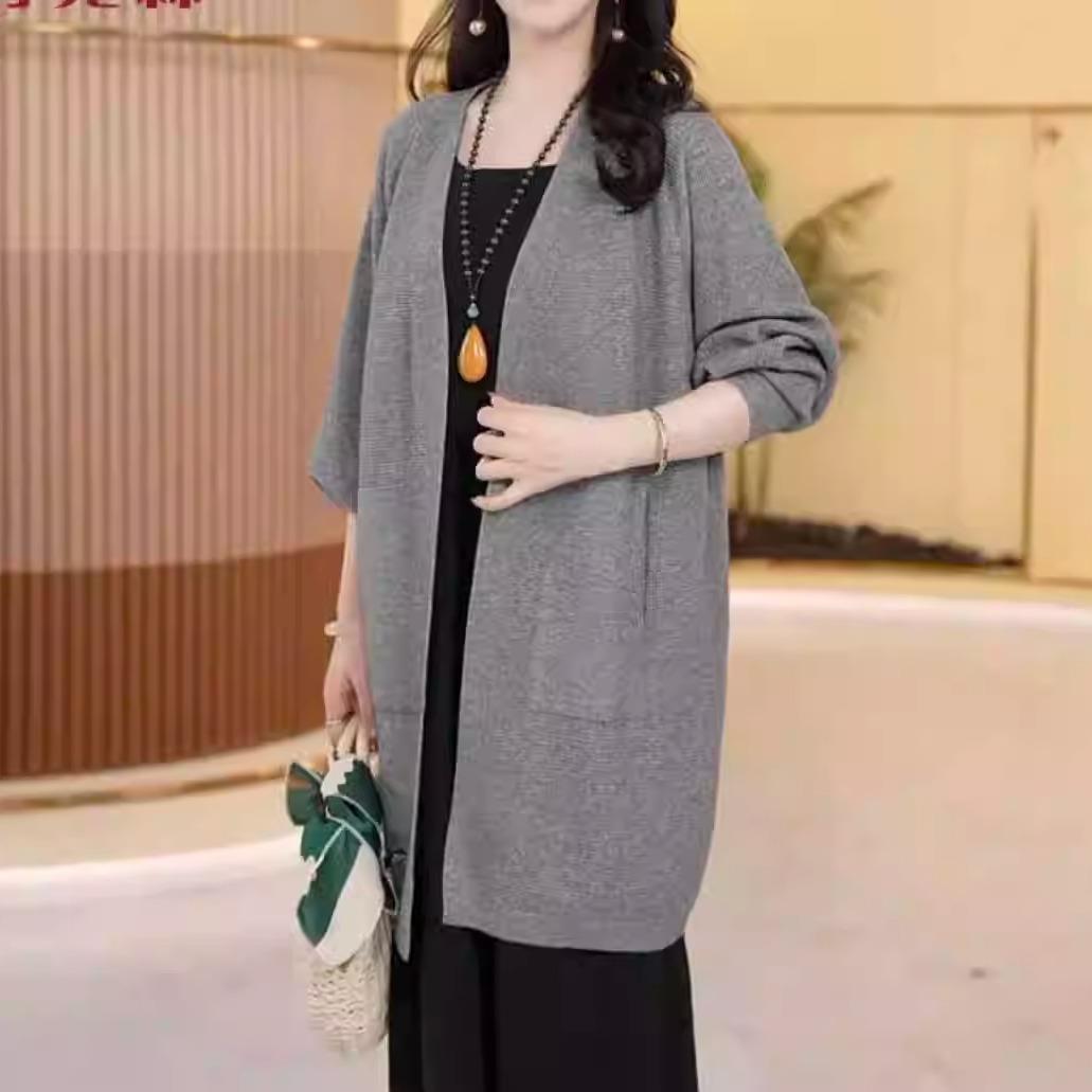 ROUMIKL针织开 衫外套女秋冬中长版简约纯色宽松大尺码洋派毛衣外