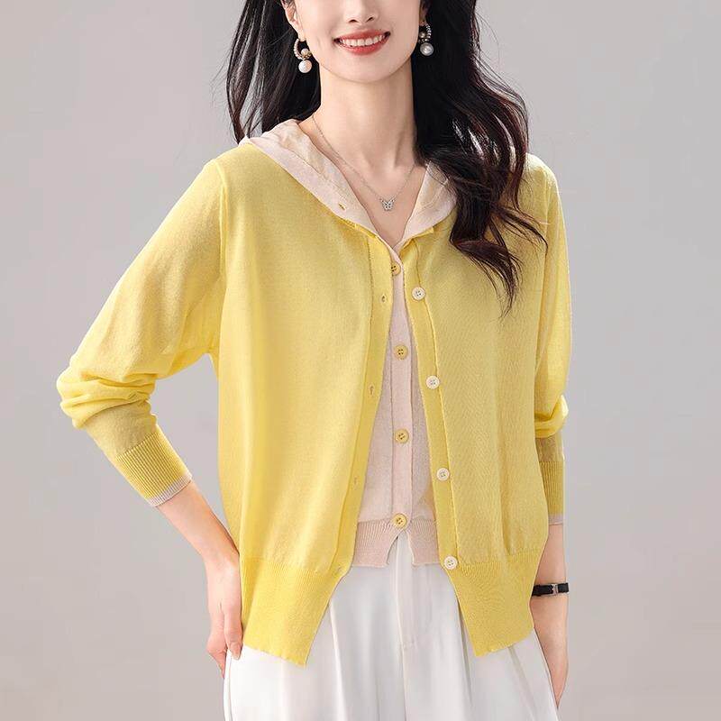 ROUMIKL假两件连帽上衣女夏季针织开衫外搭宽松防晒空调小衫薄款