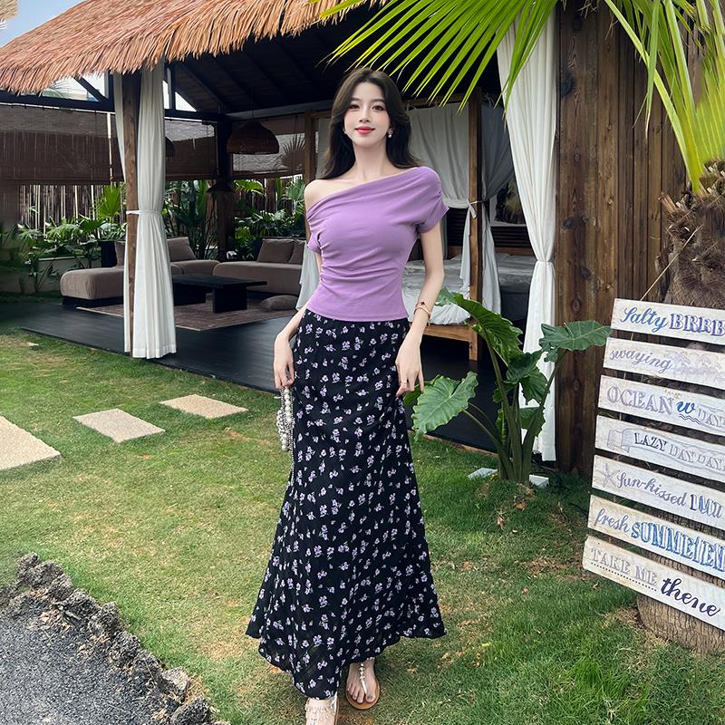 RIERA巨好看的夏天套装斜肩一字领t恤上衣女气质碎花裙子半身裙两