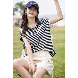 RIERA奥莱折扣店文艺小翻领T恤夏季 透气显瘦条纹POLO衫 宽松纯短袖