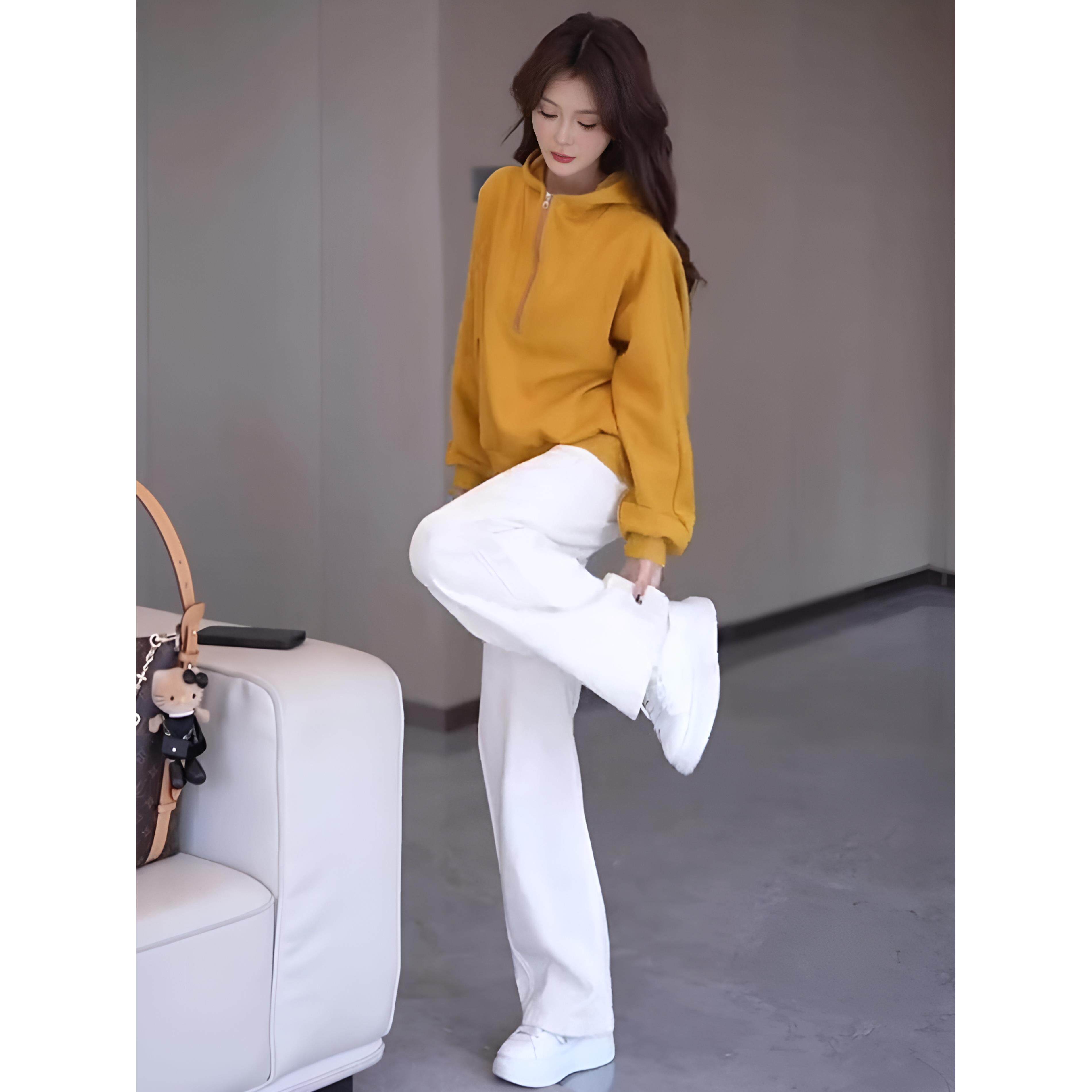 ROUMIKL韩系慵懒风设计感半拉炼连帽卫衣阔腿裤套装女早秋宽松百