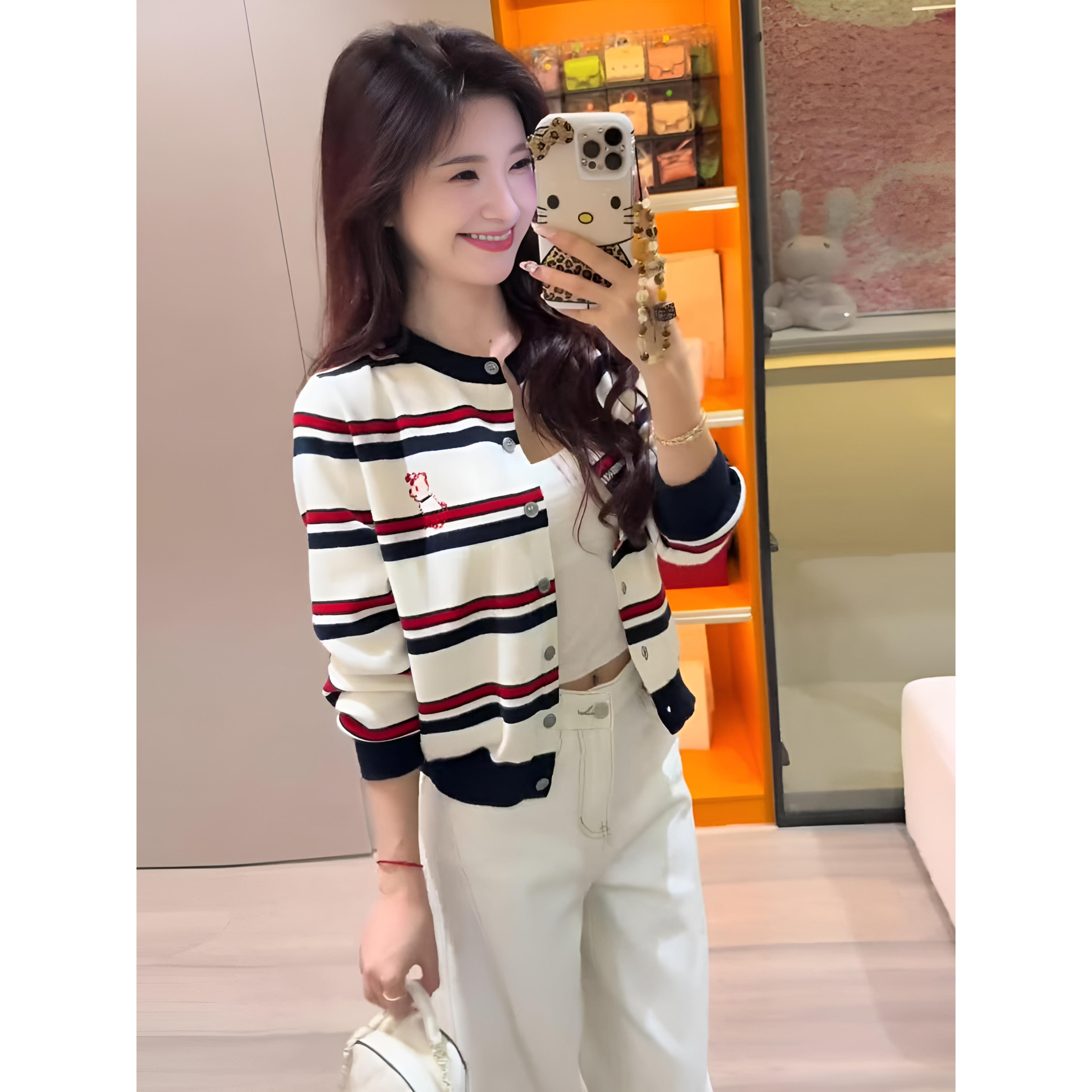 ROUMIKL巨好看的早秋2025超火穿搭一整套撞色条纹针织开衫阔腿裤