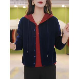 ROUMIKL带帽运动衫针织开衫女子春秋季纯色宽松假两件套接顶部外