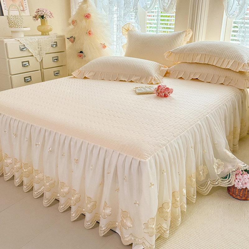 全棉夹棉床裙三件套高支高密纯棉床罩床盖单件法式刺绣蕾丝边床套