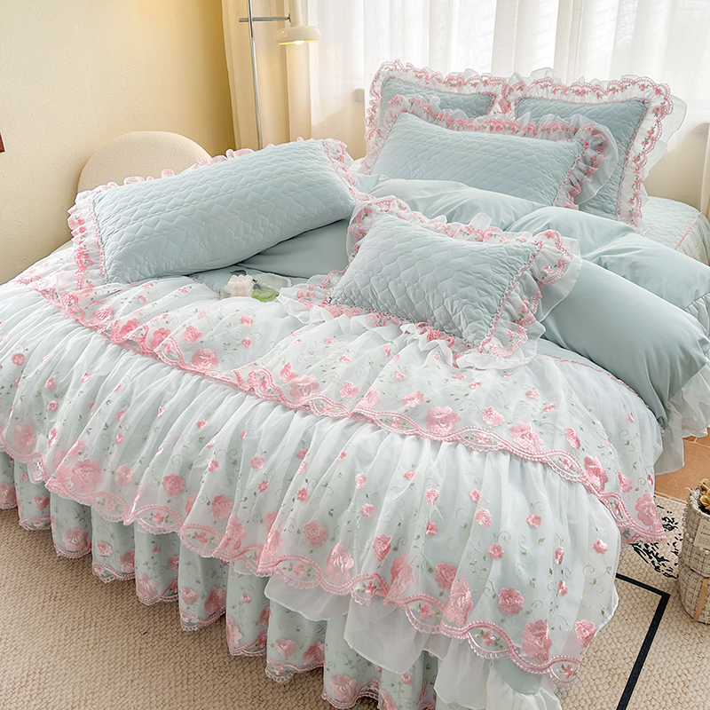 法式公主风夹棉床裙四件套蕾丝花边被套Aa类网红床罩4件套1.8m2米