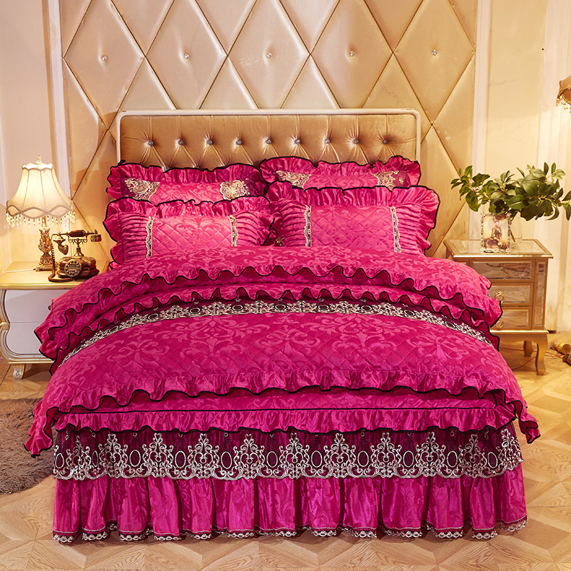 天鹅绒加厚床裙四件套欧式夹棉床罩短毛绒双面绒被套冬季保暖床品