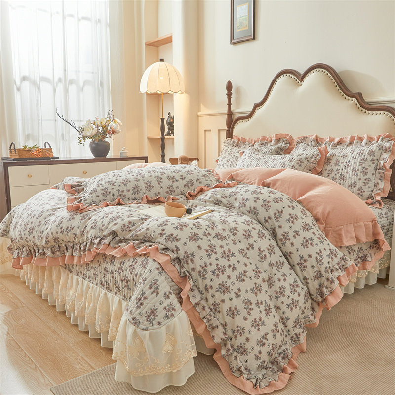 A类全棉双层纱夹棉床盖四件套法式浪漫蕾丝边床单罩被套纯棉4件套