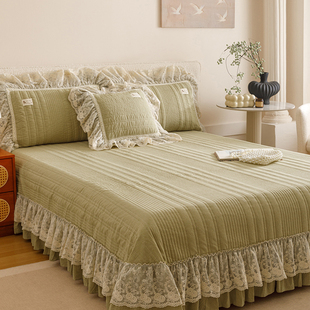 全棉色织水洗棉花边床盖加厚夹棉床盖床裙纯棉炕罩加大双人2.7米