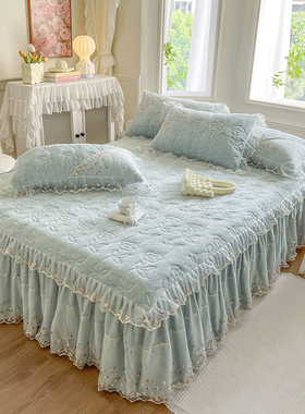 冬季保暖加厚牛奶绒床裙三件套韩式花边床盖夹棉珊瑚绒床罩床垫套