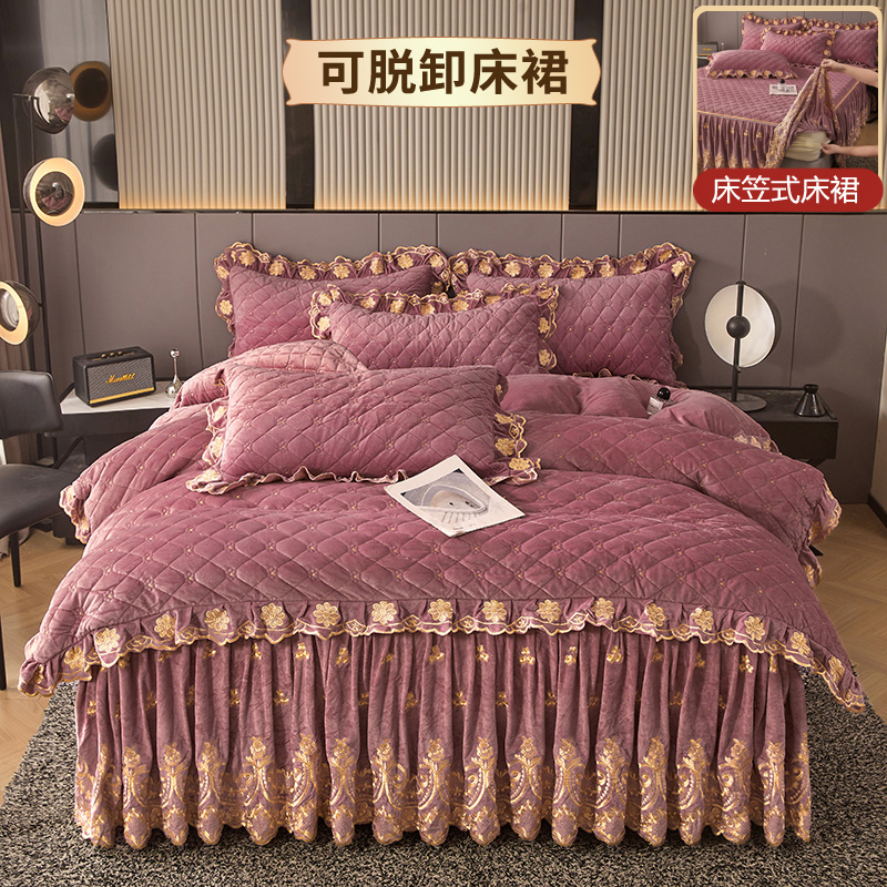 全套夹棉可拆洗床笠式床裙四件套A类高档冬季加厚床罩4件套婴儿绒