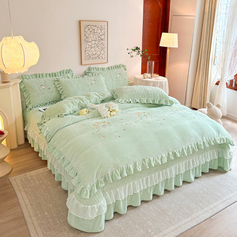 A类刺绣牛奶绒被套加厚夹棉床盖四件套防静电床单被罩韩版公主2米