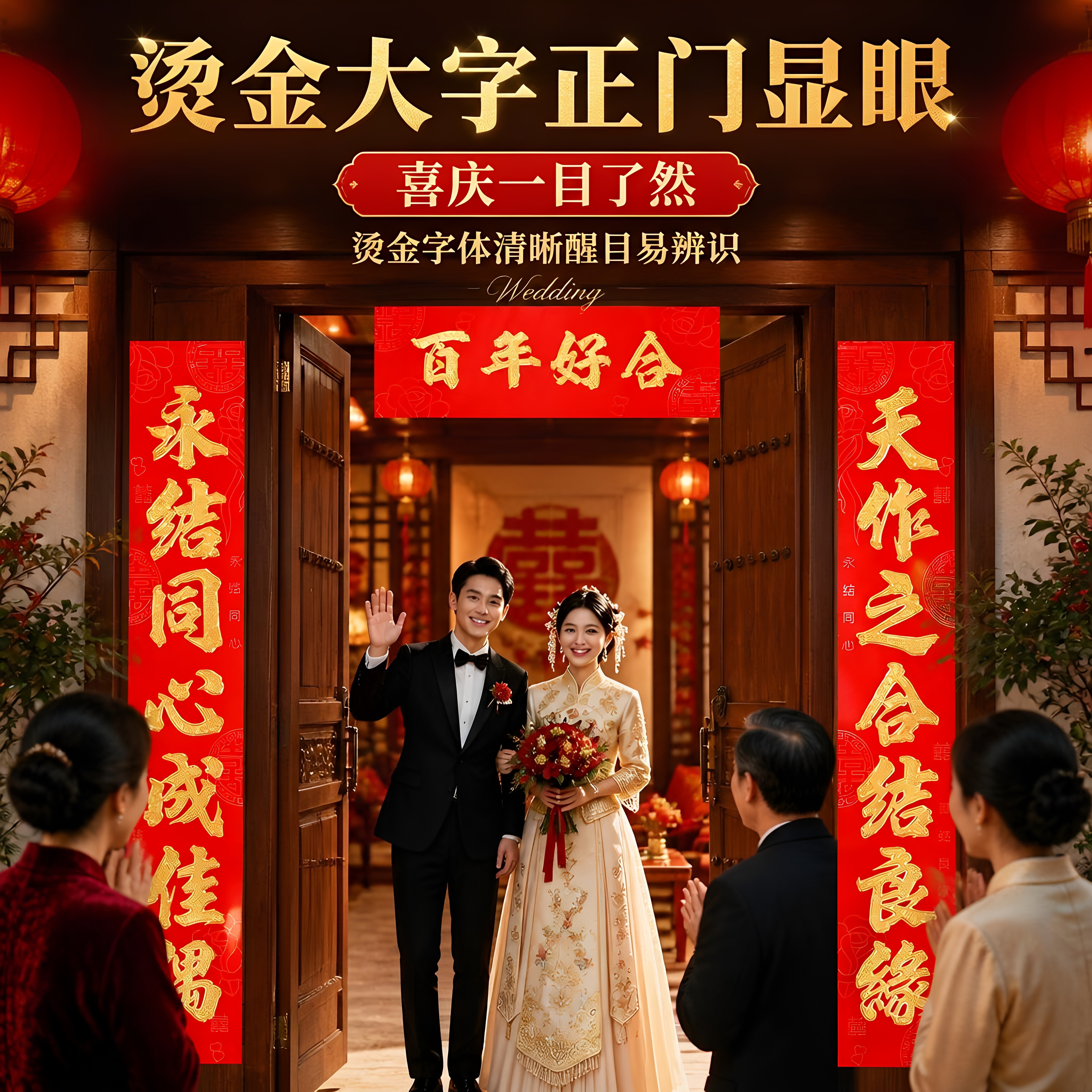 季姬喜联结婚大门植绒烫金对联