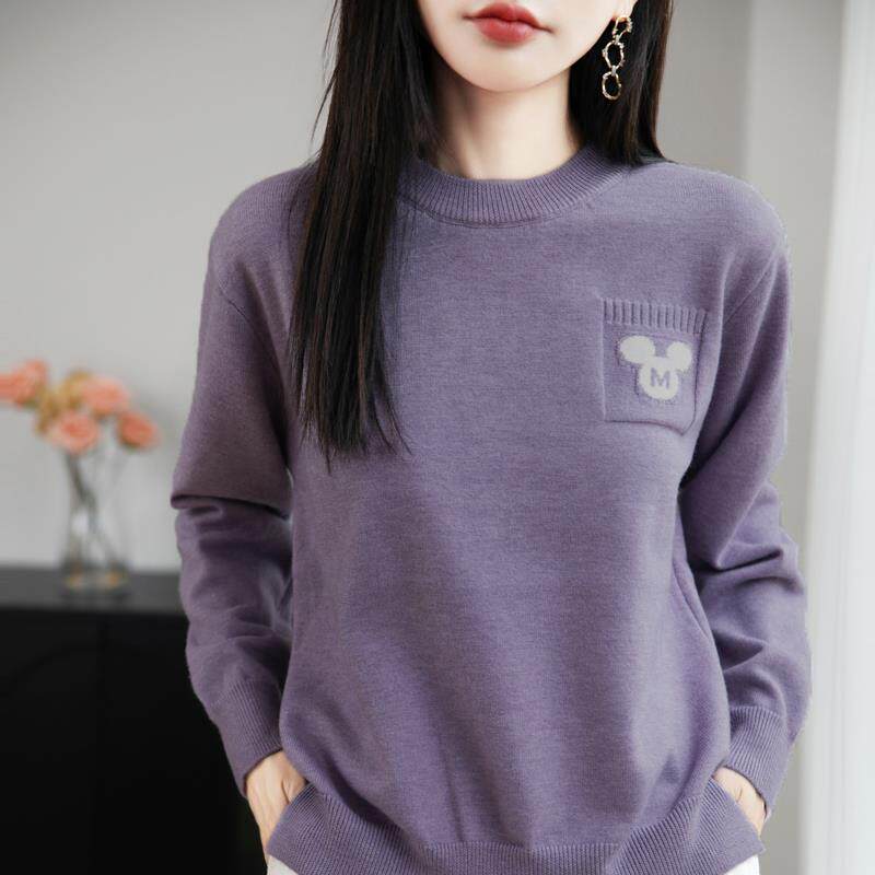 ROUMIKL秋冬新款纯线圆领加厚毛衣女卡通米奇可爱针织衫保暖内搭