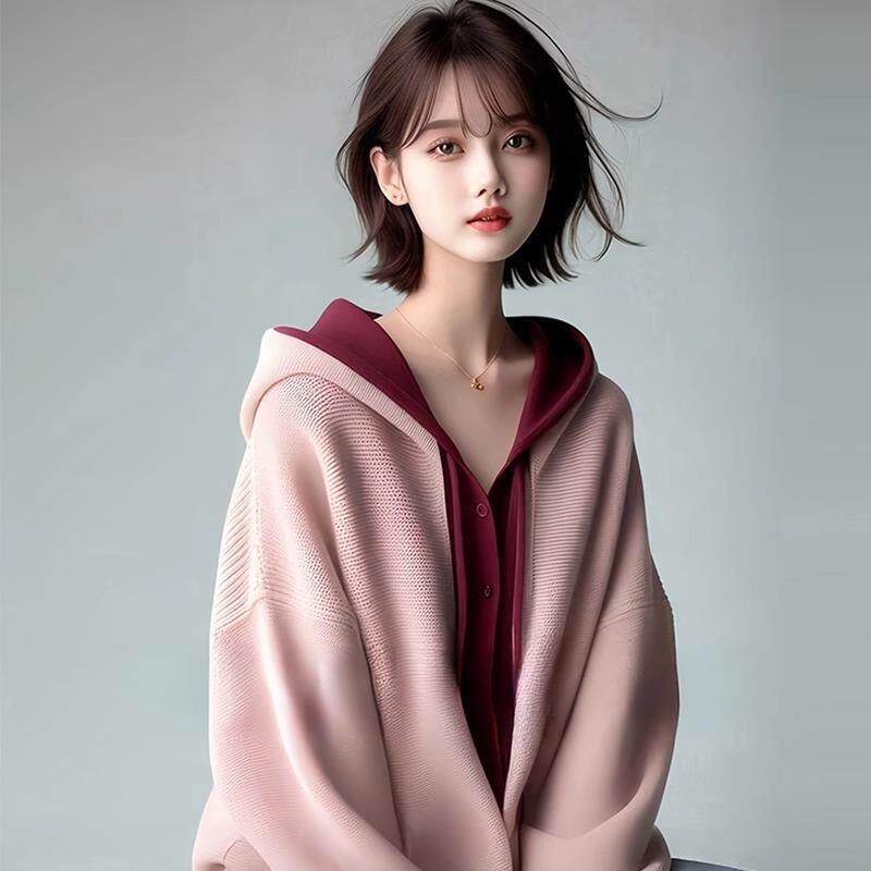 KATTERLLG新款慵懒风超好看2024秋季减龄上衣女独特粉色拼接连帽
