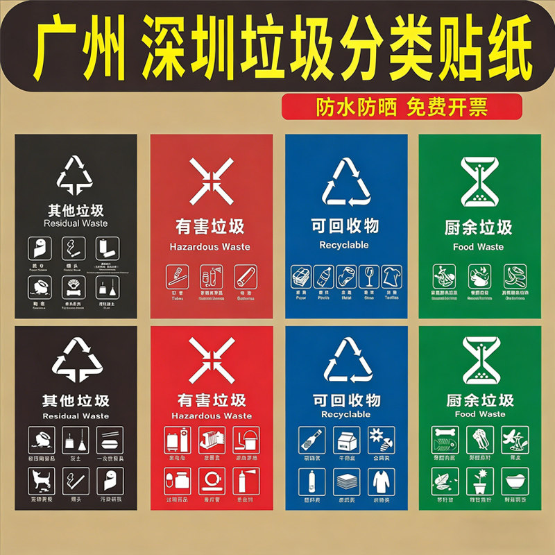 国标垃圾分类标识贴纸干湿分离图片