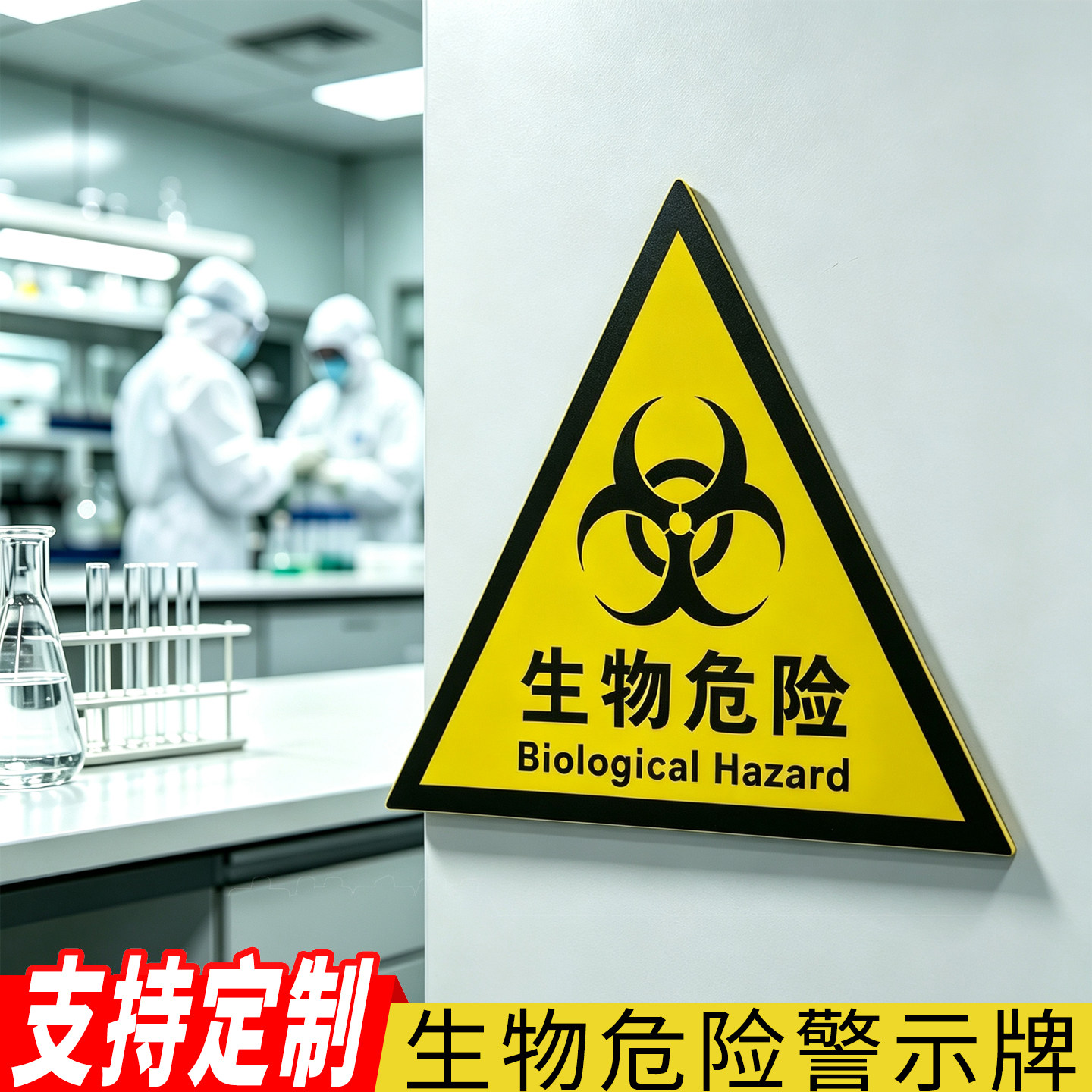 生物危险警示牌中英文三角标识PP背胶防水耐刮贴纸实验室医院生物危害安全警告标示科室场所安全警示提示标牌