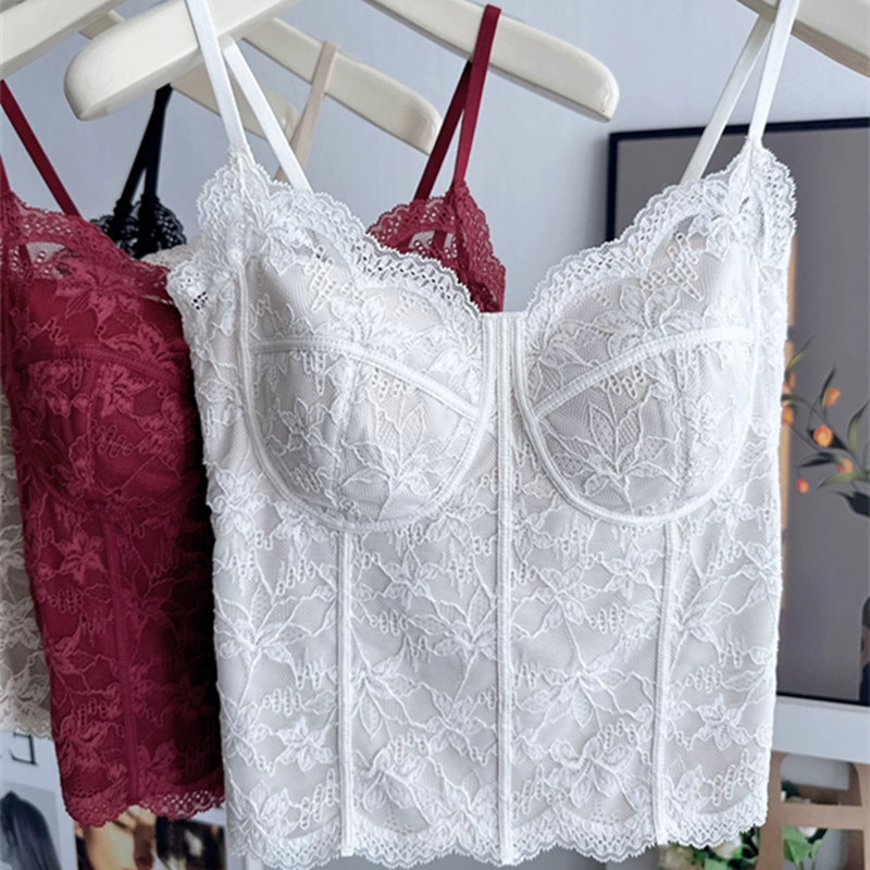 秋冬磨毛法式蕾丝纯欲吊带美背一体杯免穿文胸背心女修身显瘦6100