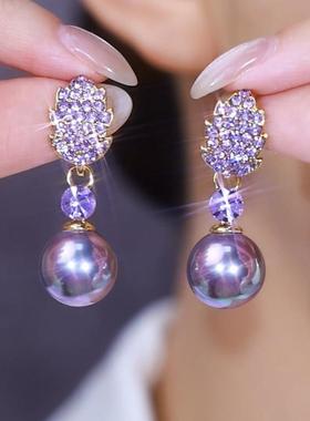 紫色满钻树叶珍珠耳环女2024新款小众设计高级感耳扣气质银针耳饰