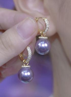 紫色镶钻珍珠耳扣2024新款轻奢气质百搭耳环紫气东来时尚显白耳饰